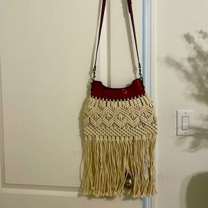 Festival Ready! Boho Patricia Nash Leather Crochet Fringe Bag. | Brown/Cream